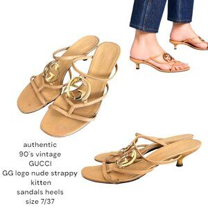 authentic 90's vintage GUCCI NUDE GG LOGO STRAPPY KITTEN HEEL SANDALS SZ.‎ 7/37
